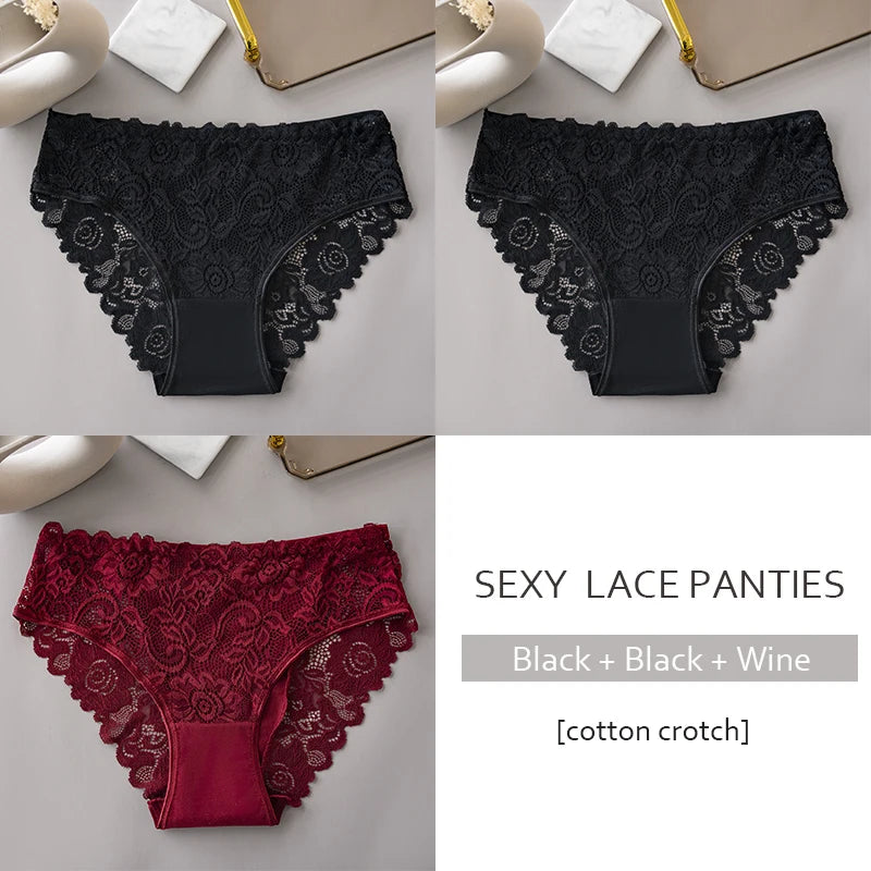 Women’s Lace Briefs 3‑Pack – Floral Embroidery, Mid‑Rise - 3KDyn